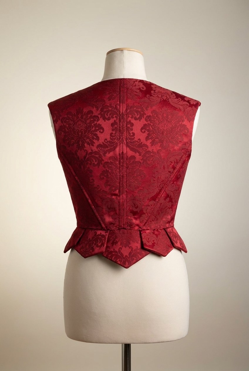 Corpiño de damasco granate sobre maniquí